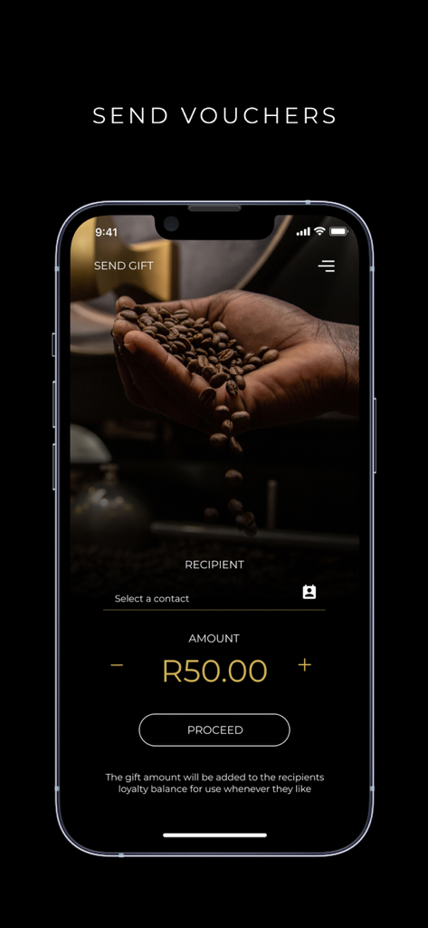 Bootlegger Coffee Company - Bootlegger Coffee app screen for sending digital gift vouchers