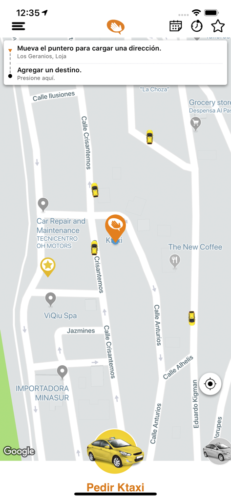 Ktaxi, una app de Clipp - Ktaxi app interface showing real-time taxi locations on a map for ride booking