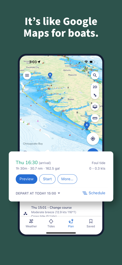Savvy Navvy Boating Navigation - Savvy Navvy boat navigation app interface showing a planned route on a marine chart with tide and weather information