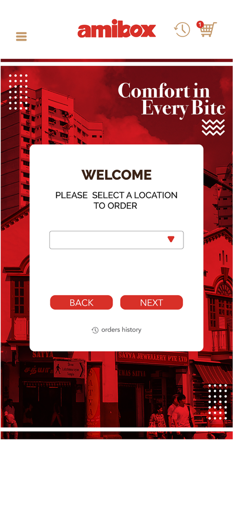 Ami App - Ami App welcome screen for selecting a pickup location for AMIBOX orders