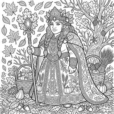 Journey into a fantasy realm with this enchanting Dwarf Queen coloring page, set amidst the golden hues of autumn. Her regal presence, surrounded by falling leaves and harvest bounty, promises a captivating coloring experience.