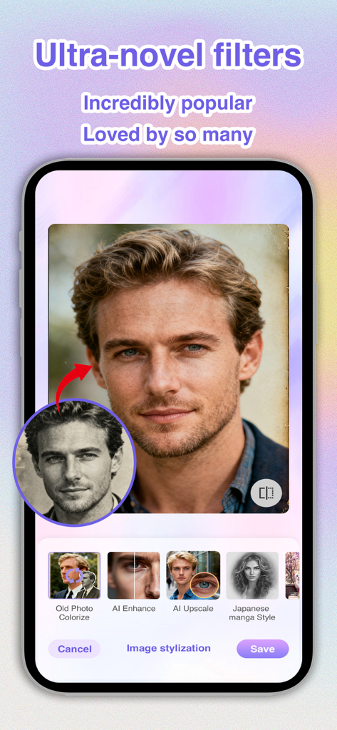Photo Maker：Frame,Filter,Lock - Mobile app screen showing various AI filters for photo enhancement and stylization.