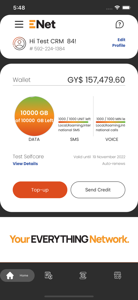 My ENet - Home screen of the My ENet app showing wallet balance and mobile plan usage tracking