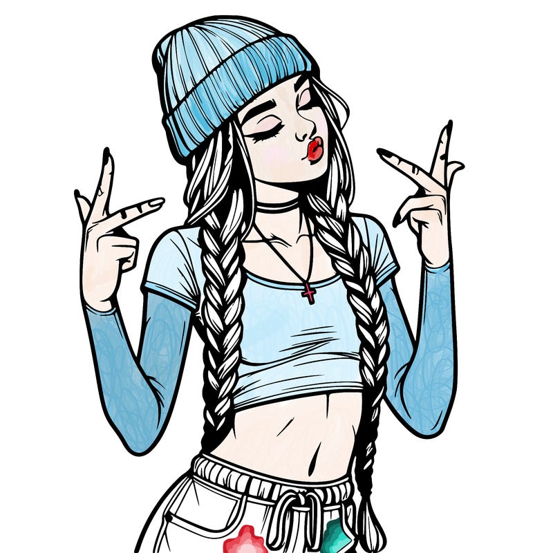 realistic teenage girl with braids and a beanie and crop top doing 🫶🏼