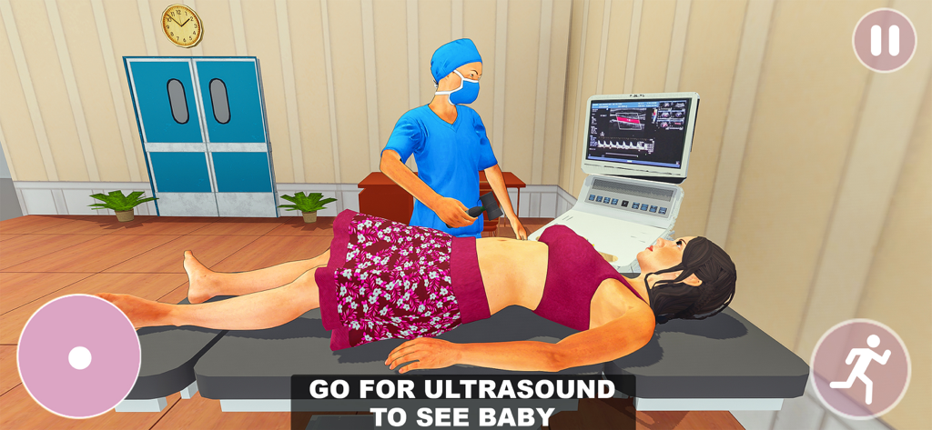 A pregnant mom character receiving an ultrasound scan from a doctor in a virtual life simulation game.