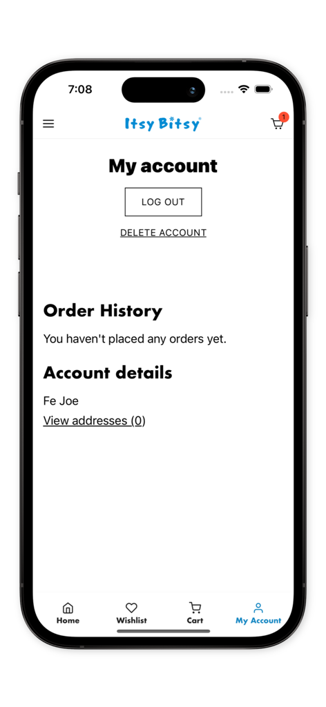 User account page on the Itsy Bitsy mobile app showing order history and account details