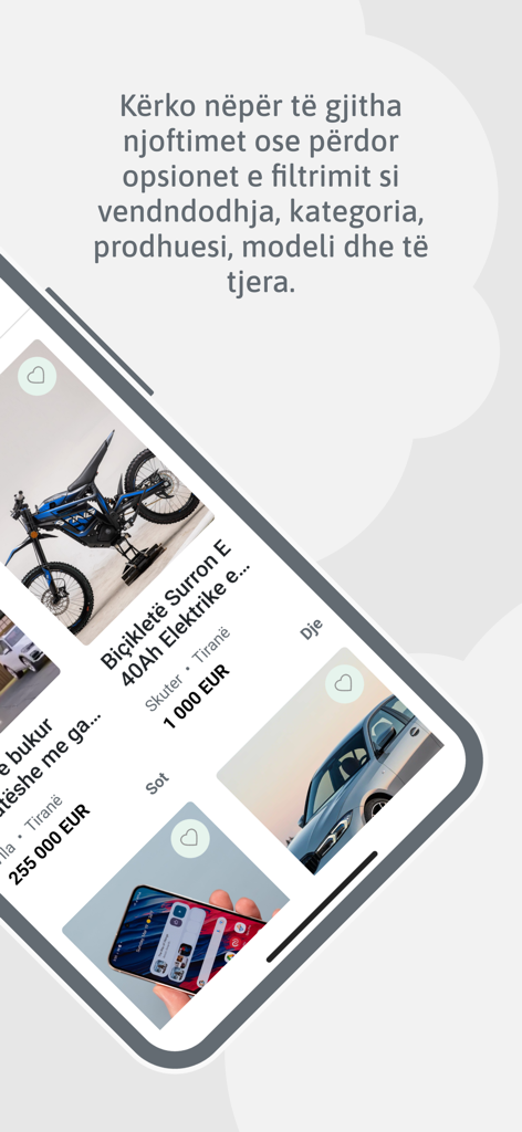 MerrJep Albania - Mobile app interface for MerrJep Albania showing classified listings for bikes and cars with search filter options in Albanian.