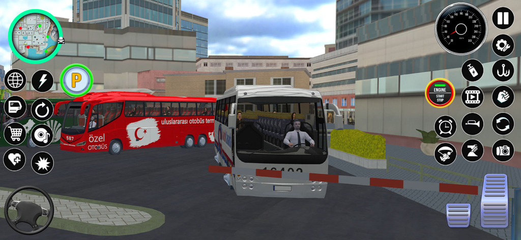 City Bus Simulator 3D Stunt - Gameplay screenshot of City Bus Simulator 3D Stunt featuring a white bus at a parking gate with on screen controls