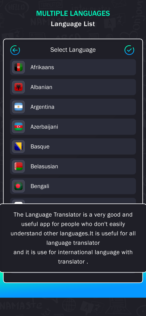 All Language Translate App - All Language Translate Appで、旗のアイコン付きのサポート言語リストを表示するモバイルインターフェース。