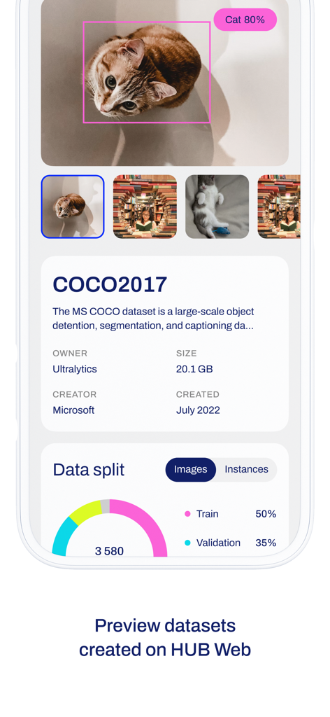 Ultralytics HUB - Ultralytics HUB dataset preview screen showing MS COCO dataset details and object detection