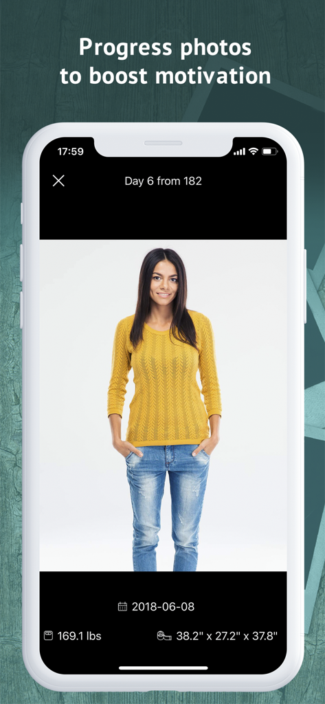 Dukan Diet - official app - Función de foto de progreso de la app Dieta Dukan mostrando peso y medidas corporales