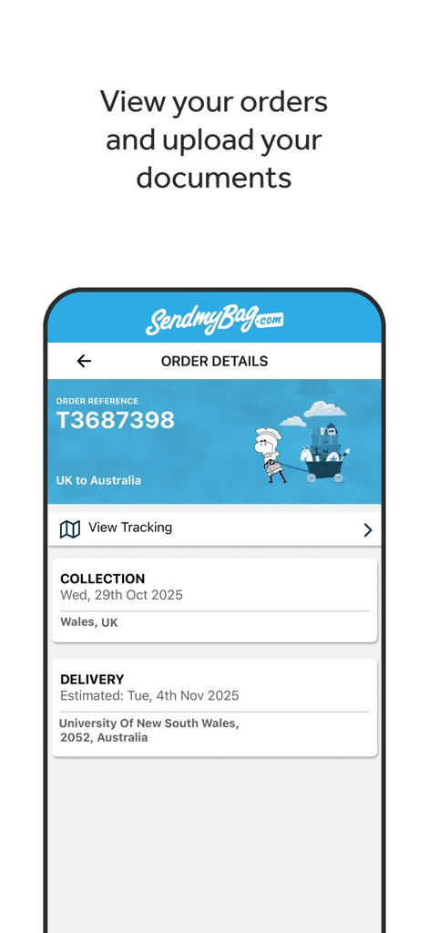 Benutzeroberfläche der Send My Bag App mit Sendungsverfolgung und Bestelldetails für internationales Gepäck.