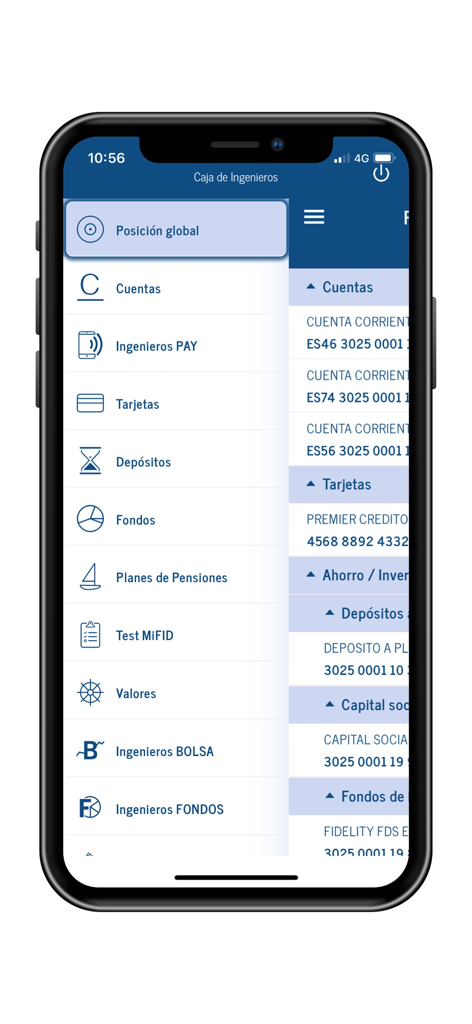 Menú lateral de la aplicación de banca móvil de Caja Ingenieros con gestión de cuentas y opciones de inversión.