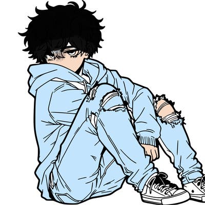 a male hoddie ripped jeans messy hair anime