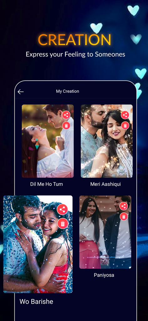 MV Master Video Maker - Screenshot of the My Creation gallery in MV Master showing personalized romantic lyrical video statuses