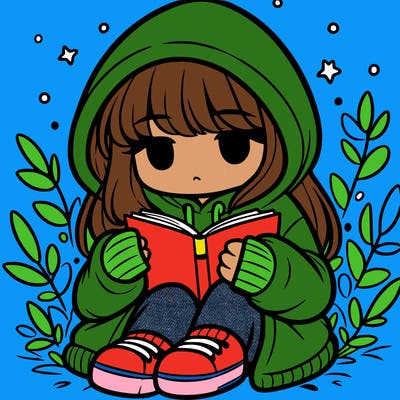 girl in oversized hoodie reading a book