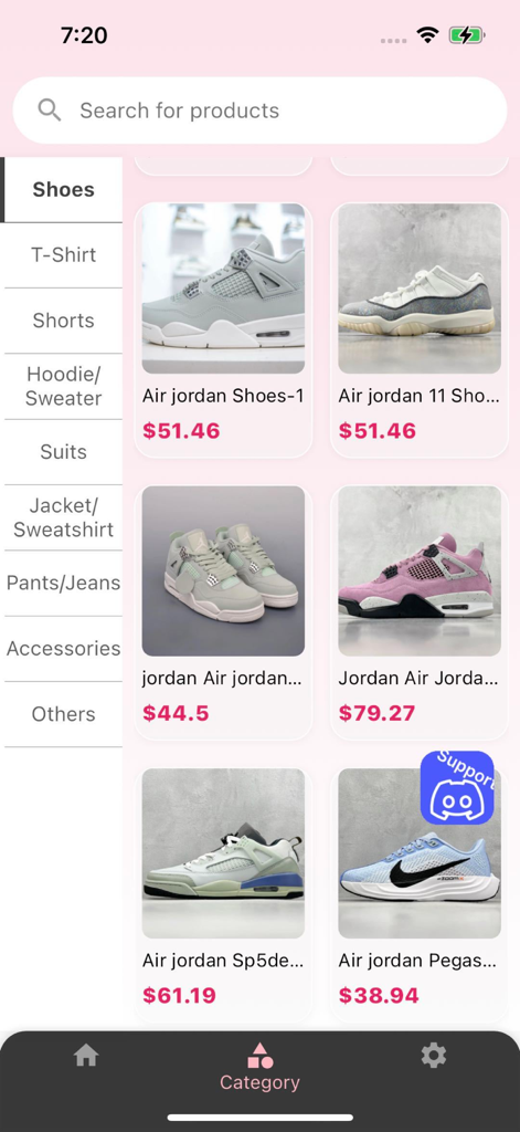 Oopbuy mobile app interface displaying a curated list of sneakers with prices and a sidebar menu of fashion categories