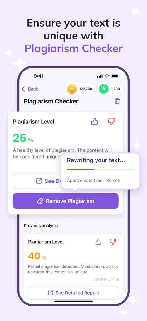 TextGuard AI mobile app interface showing a plagiarism checker result of 25 percent and a rewriting text progress bar.