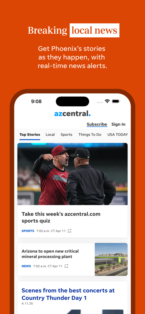 azcentral - azcentral app interface displaying local Phoenix news and sports headlines