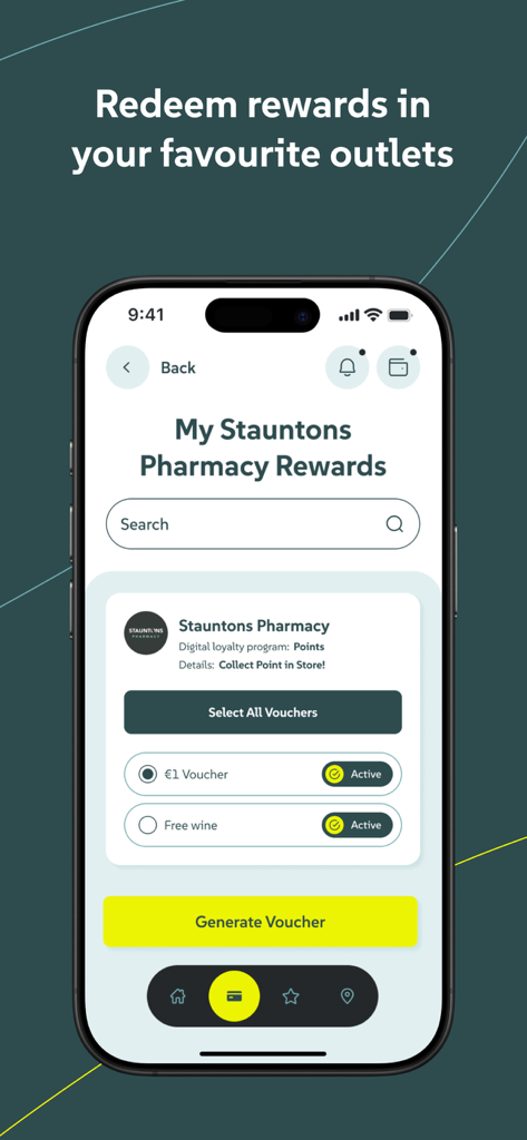 Lynked Loyalty - Lynked Loyalty app screen showing pharmacy rewards points and options to generate vouchers for free items or discounts.