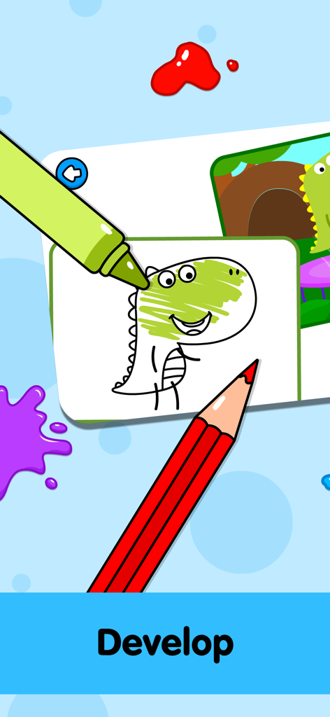 Coloring Pages for Kids & Book - Pagina da colorare digitale con un dinosauro colorato con un pennarello verde e una matita rossa