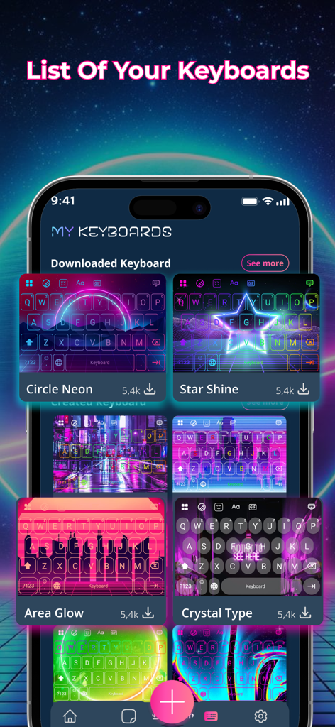 A list of custom RGB and neon LED keyboard themes on an iPhone