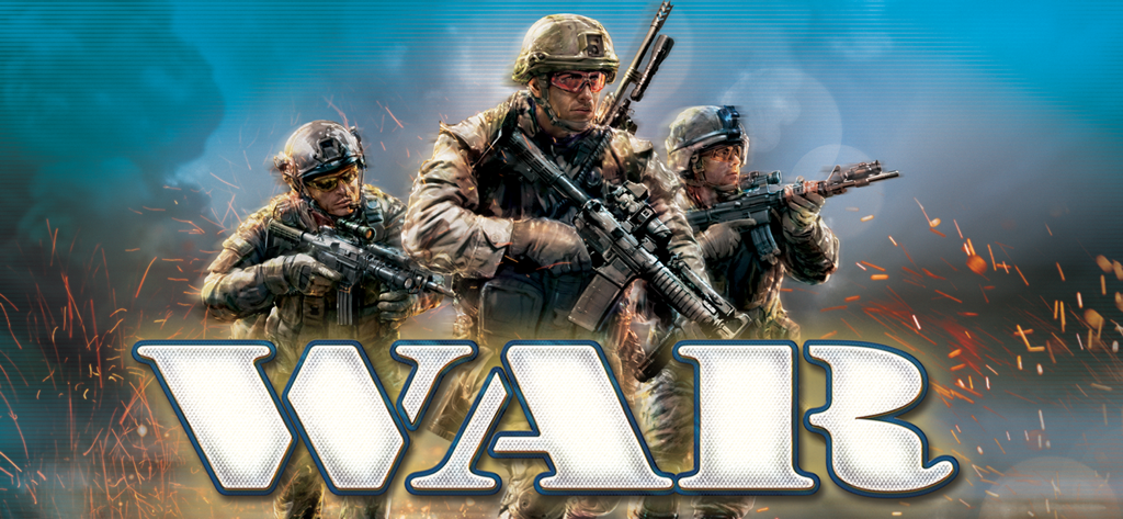 War - Grow - Tres soldados con equipo táctico moderno en una escena de batalla con el título WAR en negrita