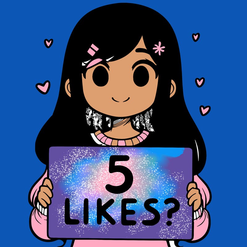 girl holding a sign that says 5 likes?
