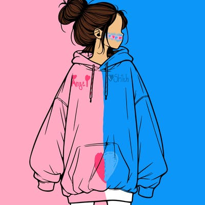 realistic girl with a oversized sweatshirt on and a bun