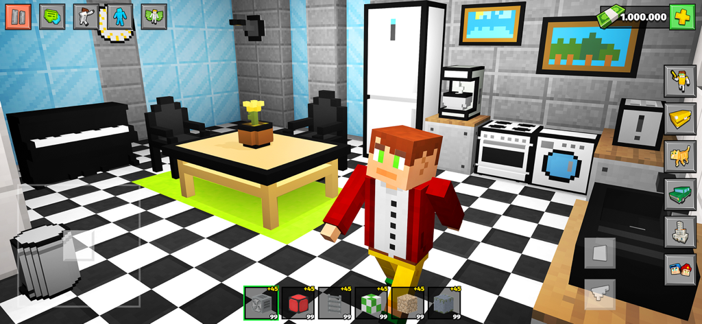 Block City 3D: Simulator Game - 市松模様の床がある、カスタマイズされたキッチンとリビングルームに立つピクセル化されたキャラクター。