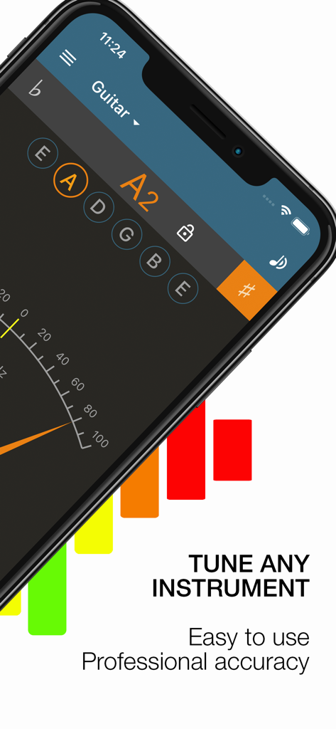 Pitched Tuner - Tuning App - Interfaccia dell'app mobile Pitched Tuner per accordare strumenti con precisione professionale