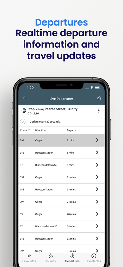 TFI Live - TFI Live App zeigt Echtzeit-Busabfahrtszeiten für die Haltestelle Trinity College Dublin an