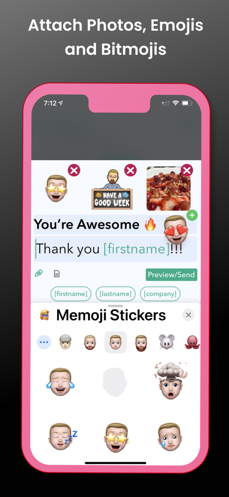 Classic: Mass Text Bulk SMS - Mobile Benutzeroberfläche, die eine personalisierte Textnachricht mit angehängten Fotos und Memoji-Stickern anzeigt.
