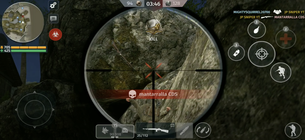 World War 2: Garena Art of War - Vue de lunette de sniper avec une notification de kill ennemi dans le jeu mobile World War 2 Garena Art of War