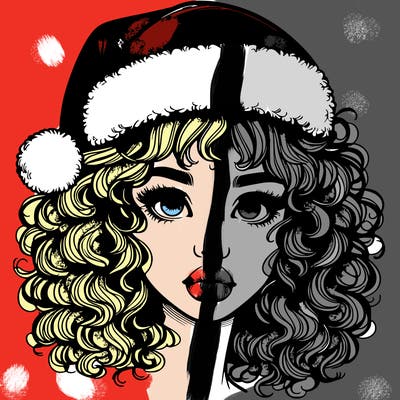 realistic girl with a santa hat curly hair and lips