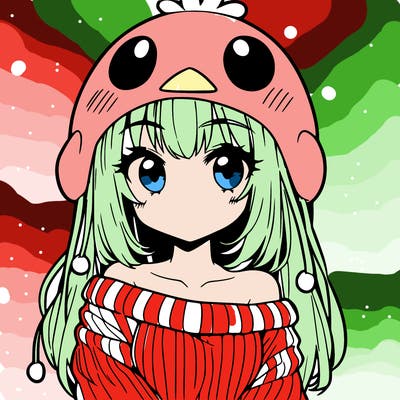 anime girl with chick shaped hat with sweater with bare shoulders with bangs covering them one eye with low tail