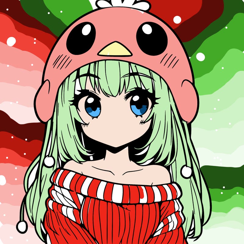 anime girl with chick shaped hat with sweater with bare shoulders with bangs covering them one eye with low tail