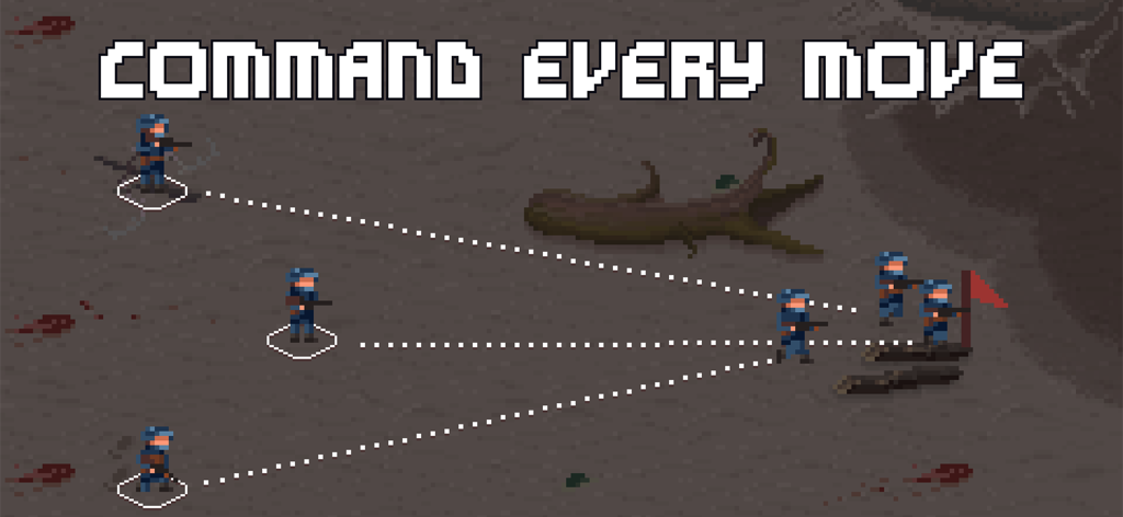 Tela de comando tático em To The Trenches mostrando soldados em pixel art e caminhos de movimento