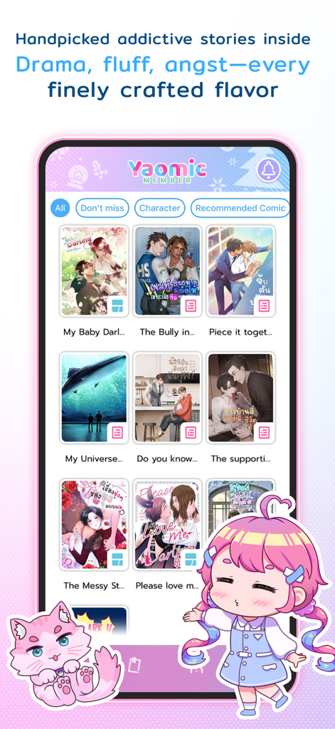 L'écran d'accueil de l'application Yaomic affichant diverses couvertures de bandes dessinées BL et GL thaïlandaises avec des catégories comme Drame et Fluff.