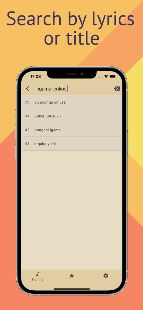 Icilongo levangeli - Icilongo Levangeli app search interface showing Zulu hymn titles and numbers