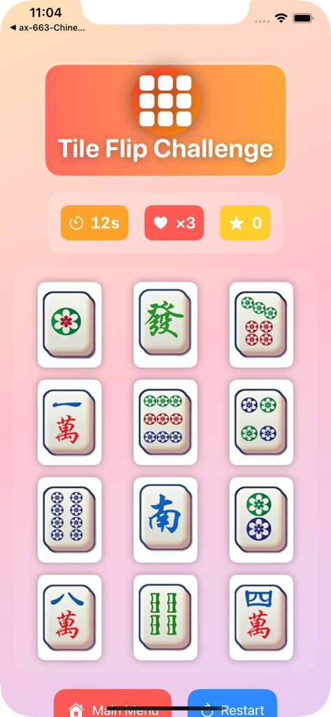 ChinstileFlipCle - Tile Flip Challenge game screen with mahjong tiles and countdown timer