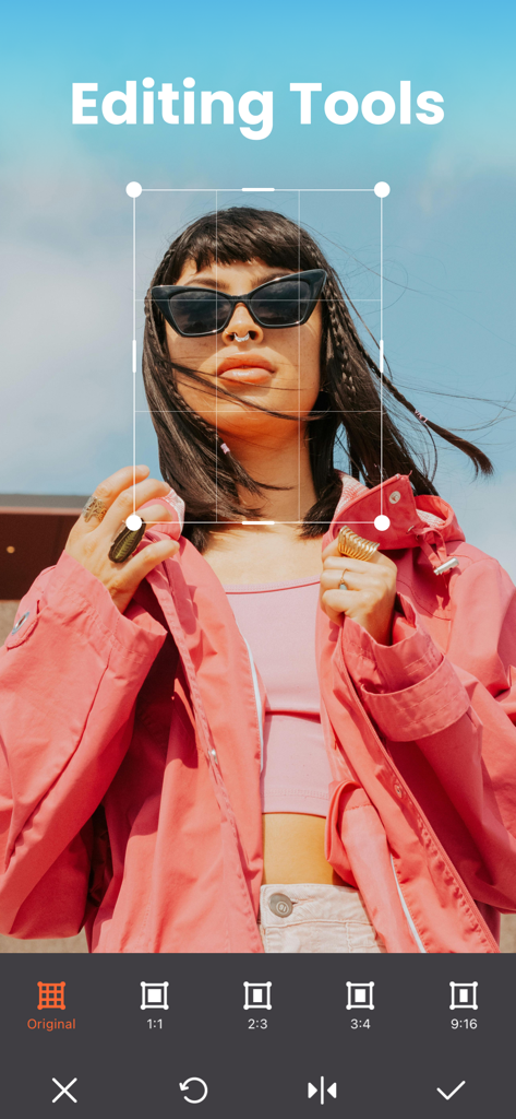 Filter Camera & Photo Editor - Interface of the Filter Camera app showing different aspect ratio cropping options for a portrait photo