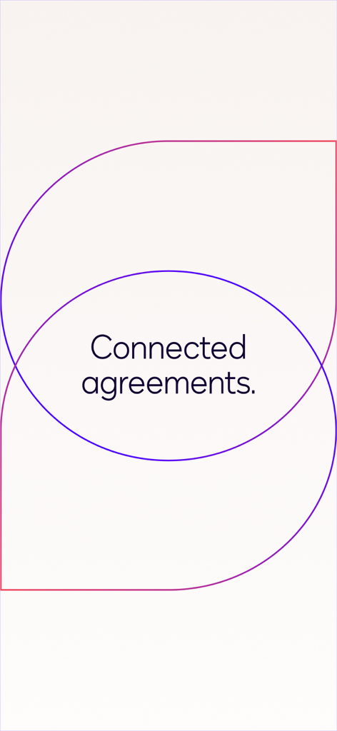 Introductory screen for the Docusign app with the text Connected agreements and overlapping circular graphics.