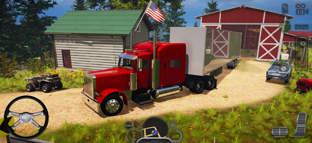 Truck Simulator USA Revolution - Un camión semirremolque americano rojo con un remolque plateado estacionado en un entorno de granja rural en Truck Simulator USA Revolution.