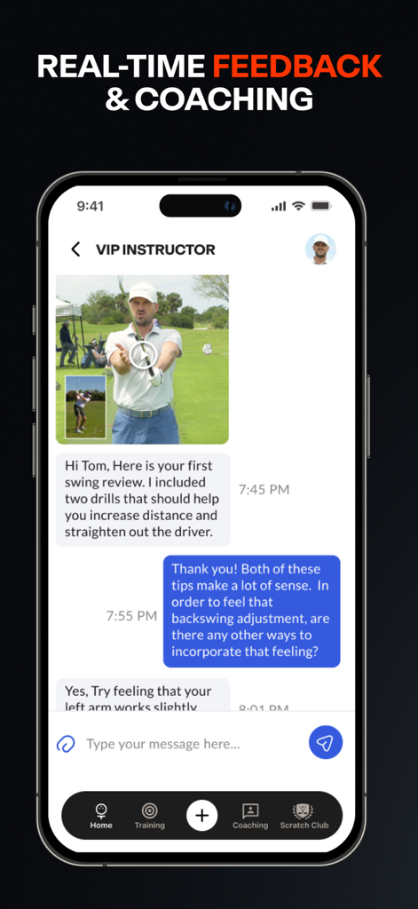 Performance Golf AI Swing Fix - 실시간 골프 코칭 및 피드백을 위한 VIP 강사와의 채팅을 보여주는 모바일 앱 인터페이스