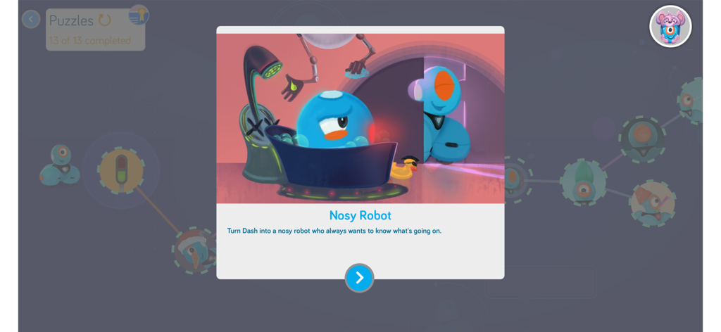A popup window in the Blockly app for Dash and Dot robots describing the Nosy Robot coding challenge
