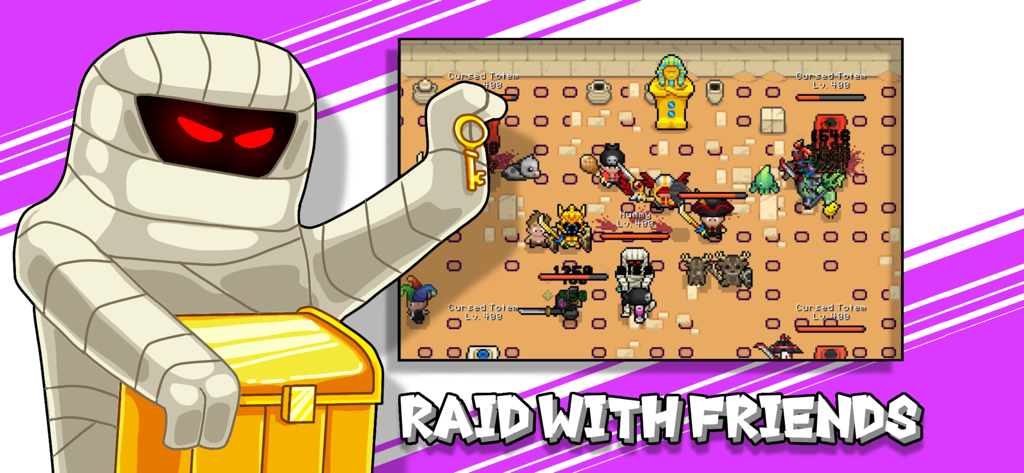 Curse of Aros - Un personaje momia sosteniendo una llave dorada junto a la jugabilidad de incursión MMORPG de arte de píxeles en Curse of Aros.