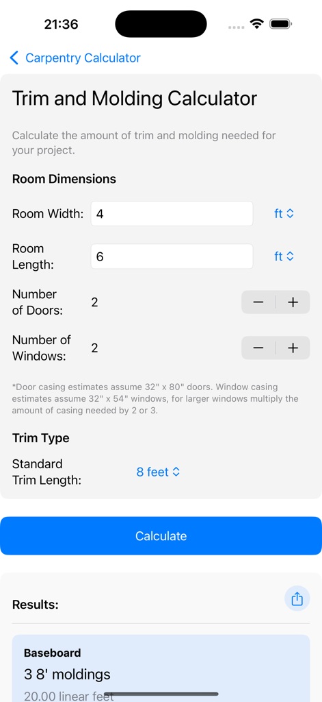 Carpentry & Trim Calculator - Trim and Molding Calculator app interface showing room dimension inputs and baseboard quantity results