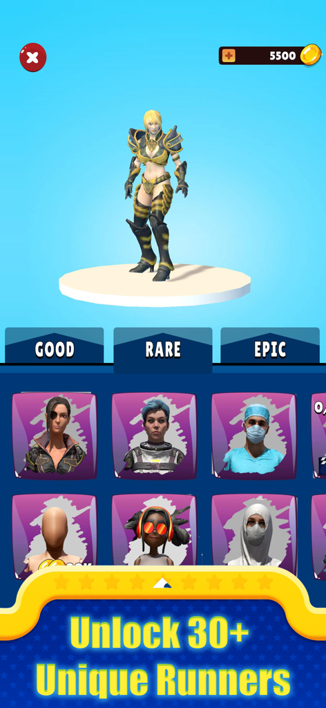 Parkour : Epic Freerunner 3D - Character selection menu showing various unique runner skins categorized by rarity in Parkour Epic Freerunner 3D