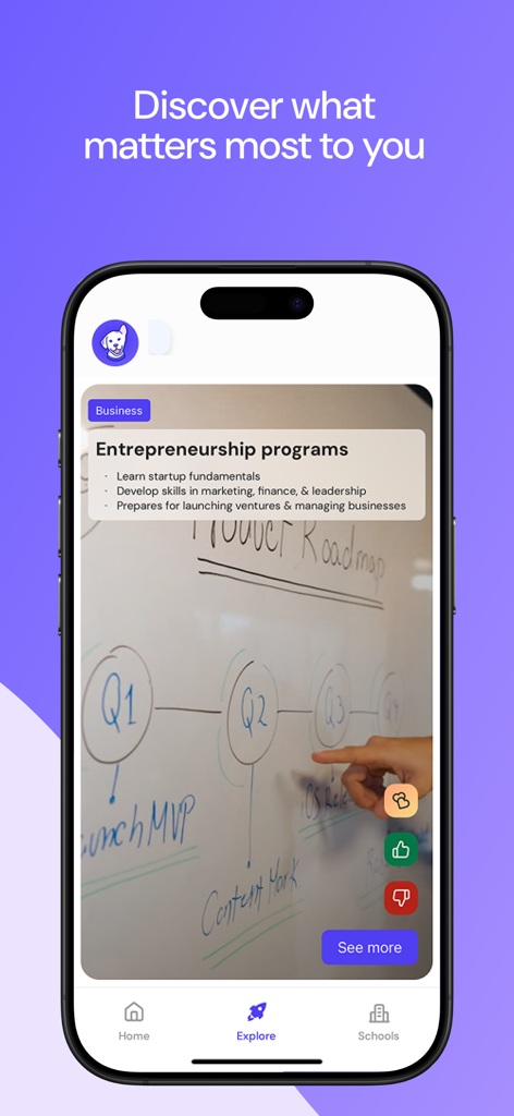 Loper college search app explore screen showing entrepreneurship program details and matching features